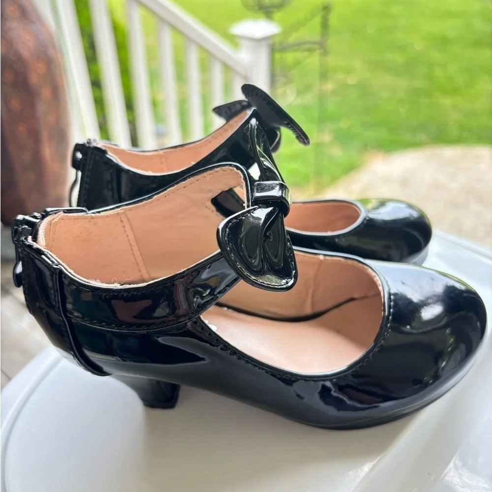 girl's kids back zipper closure mary jane bow wedding flower girl Black